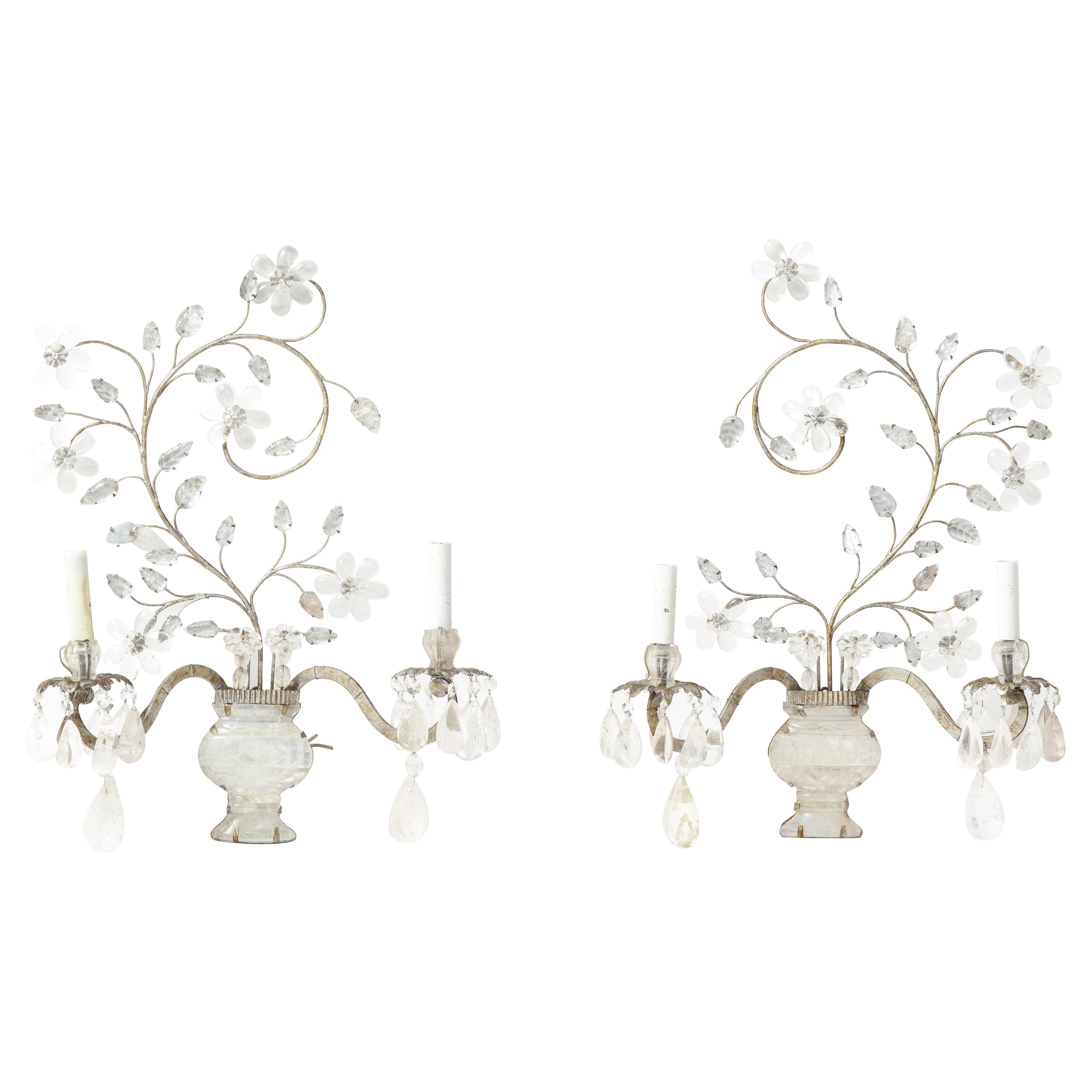 Bagues Style Rock Crystal Two Arm Sconces with Urn and Foliage Design For Sale