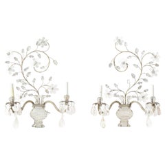 Bagues Style Rock Crystal Two Arm Sconces with Urn and Foliage Design