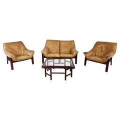 Mid Century Bamboo and Leather Sofa Set, 1970s