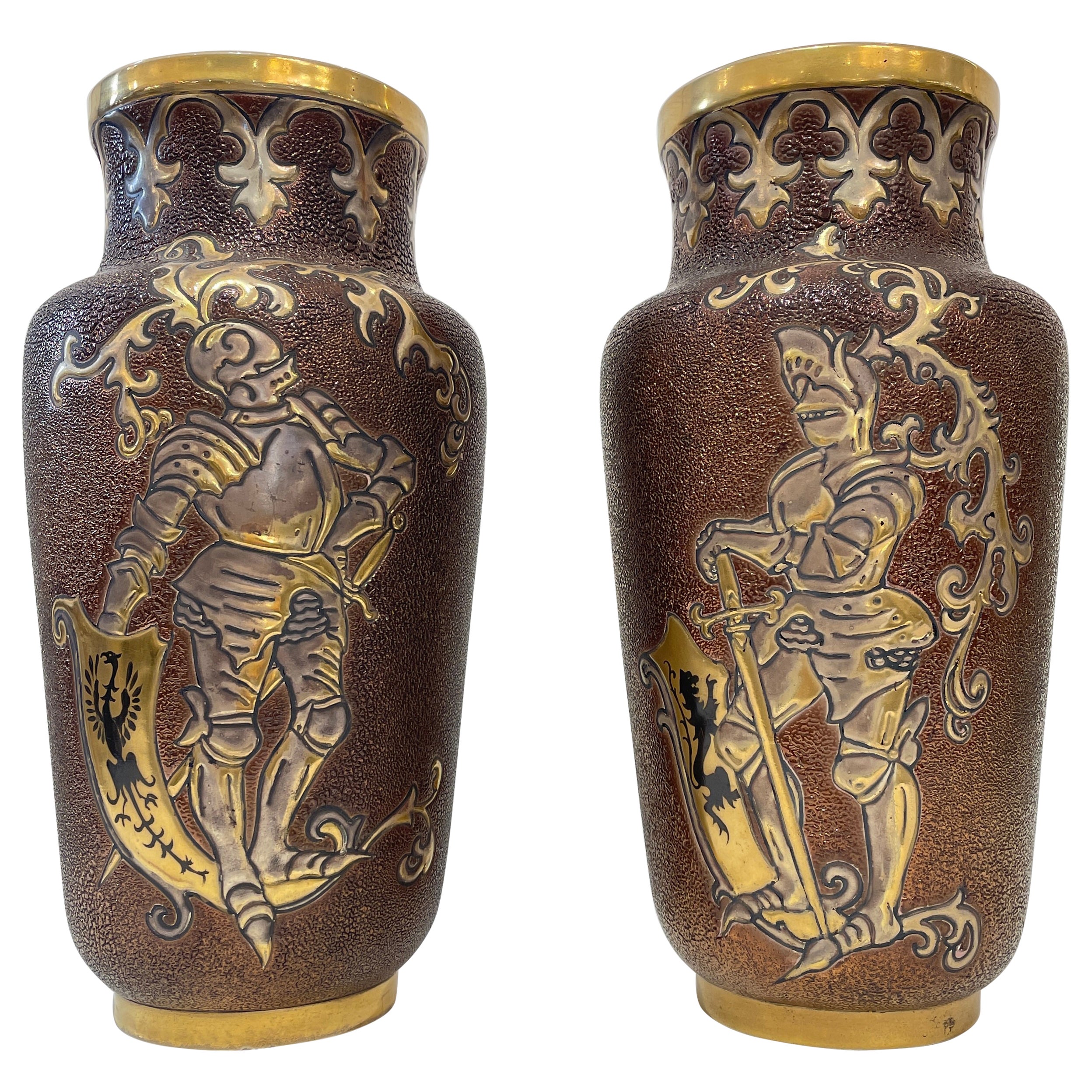 1880 Gien French Faience Pair Majolica Gold Chocolate Vases with Armored Knights For Sale