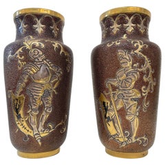 1880 Gien French Faience Pair Majolica Gold Chocolate Vases with Armoured Knights