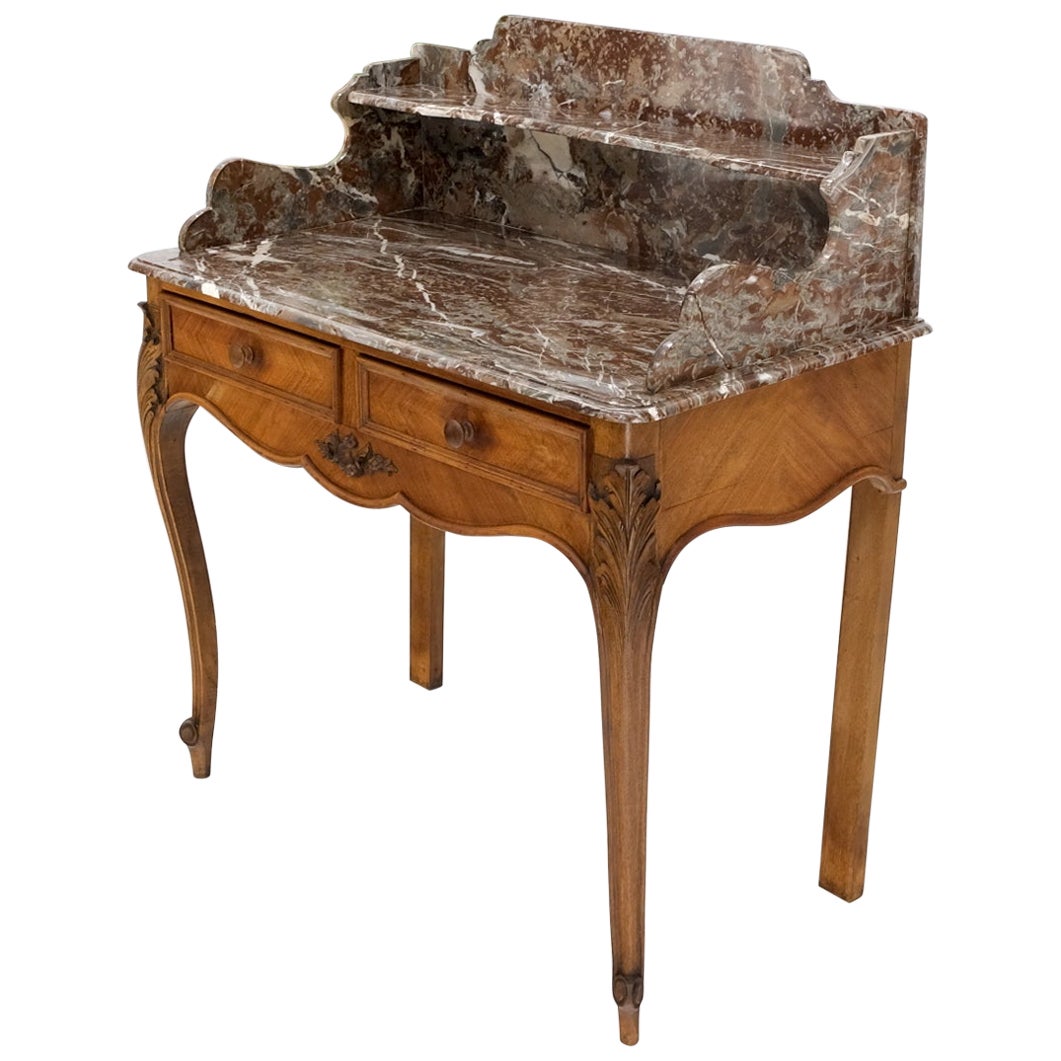 French Satin Wood Marble Top Two Drawers Console Hall Table Writing Desk