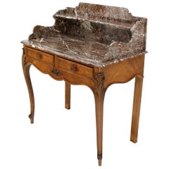 Antique French Satin Wood Marble Top Two Drawers Console Hall Table Writing Desk