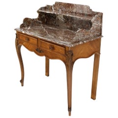 French Satin Wood Marble Top Two Drawers Console Hall Table Writing Desk