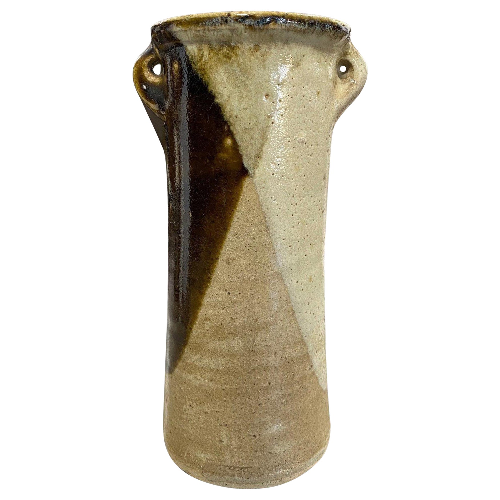 Vaso giapponese smaltato color terra di Shoji Hamada con scatola originale sigillata e firmata