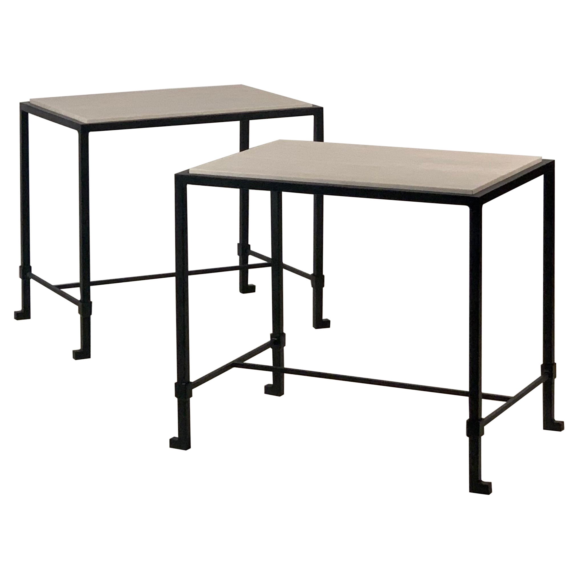 Pair of 'Diagramme' Blackened Iron and Travertine End Tables by Design Frères For Sale