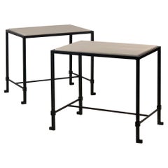 Pair of 'Diagramme' Blackened Iron and Travertine End Tables by Design Frères