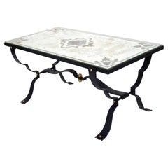 Vintage Jean-Charles Moreux Style Forged Iron Coffee Table Etched Mirrored Glass Top