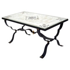 Mesa baja de hierro forjado estilo Jean-Charles Moreux Tapa de cristal espejado grabado