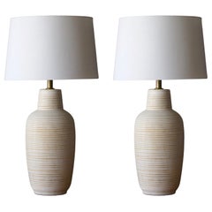Lee Rosen, Large Table Lamps, Incised Stoneware, Brass, United States, 1950s