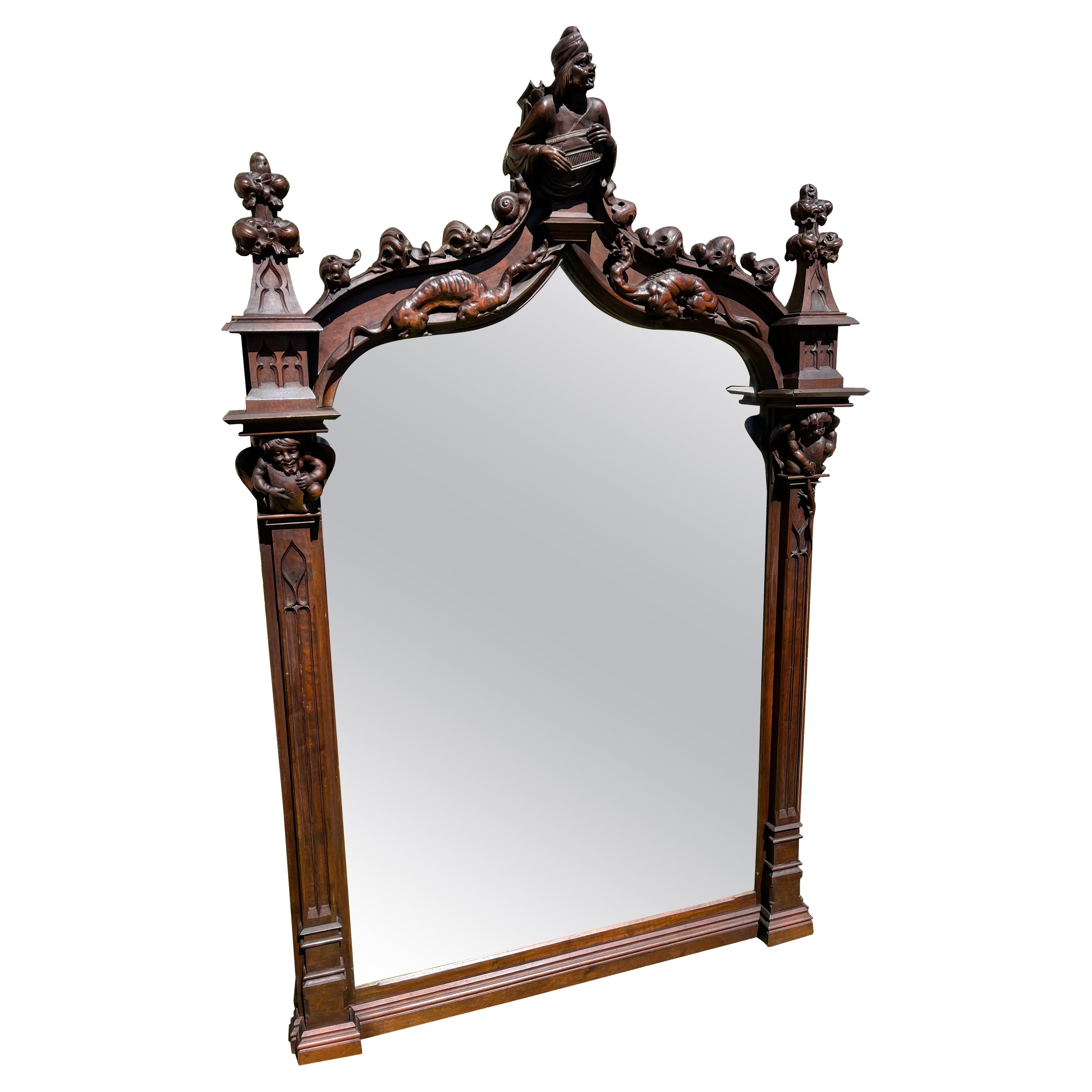 Gothic Walnut Carved Mirror, 19th Century For Sale