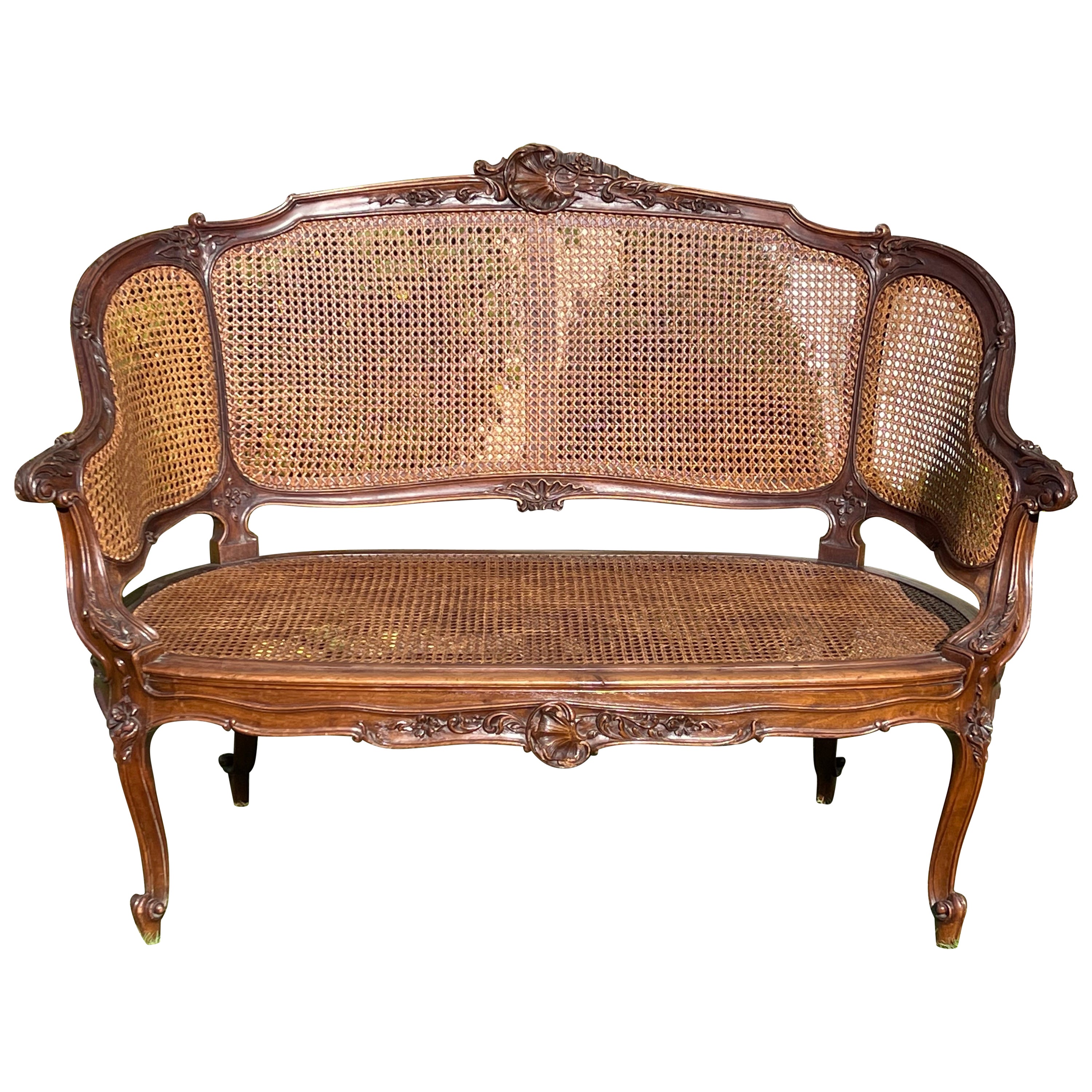 Louis XV Style, Walnut and Caning Sofa, 19th Century