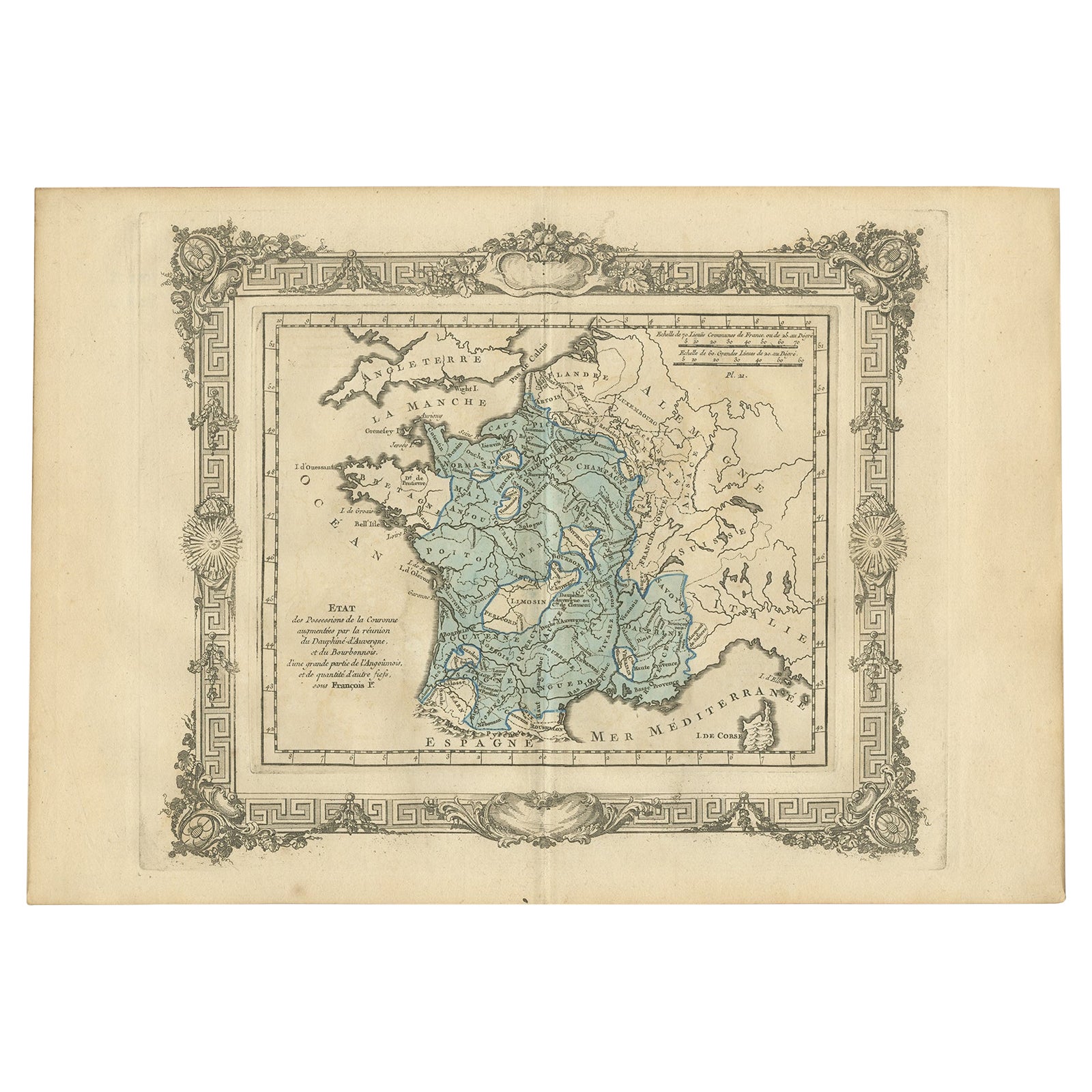 Antique Map of France under the Reign of Francois I, 1765 For Sale