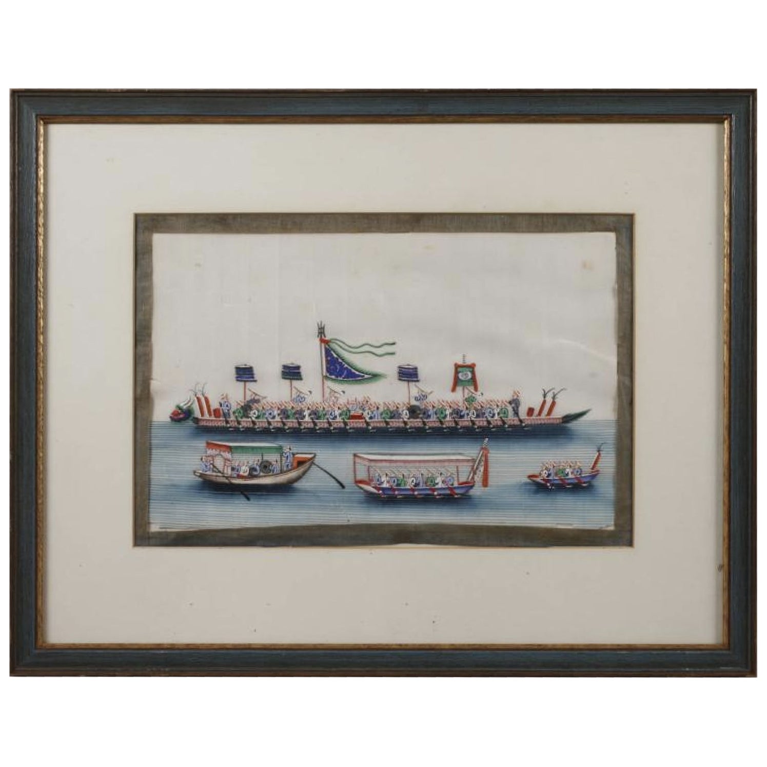 Gouache sur papier de riz du bateau à dragons impérial chinois, 19ème siècle