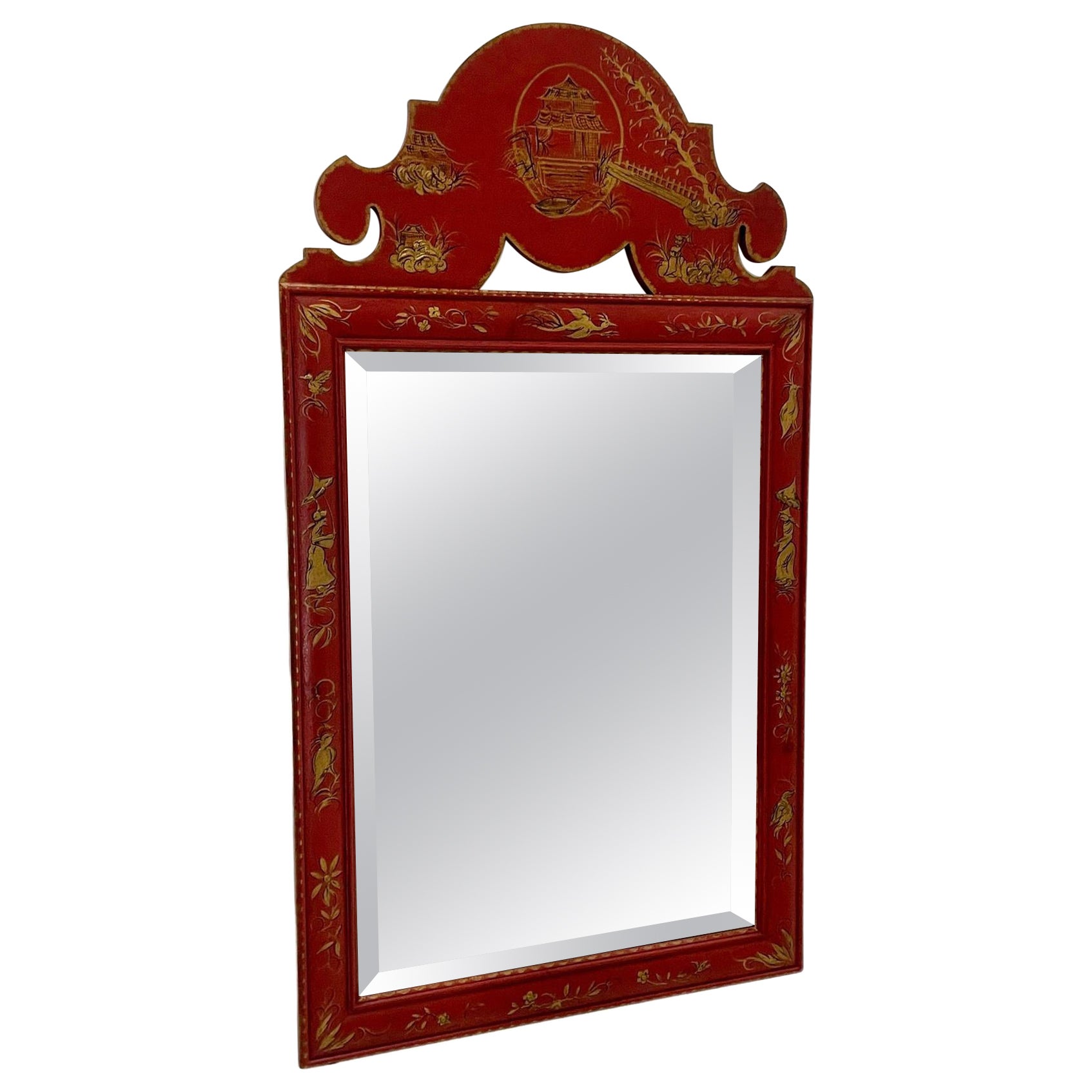 Show Stopper Lucky Red Chinoiserie Mirror with Gold Decoration For Sale