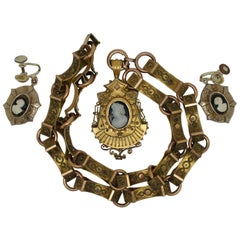 1880s Antique Victorian Etruscan Revival Cameo Pendant Necklace & Earrings