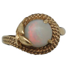 Antique Art Deco 10K Gold White Opal Rope Twist Leaf Ring 3.5g