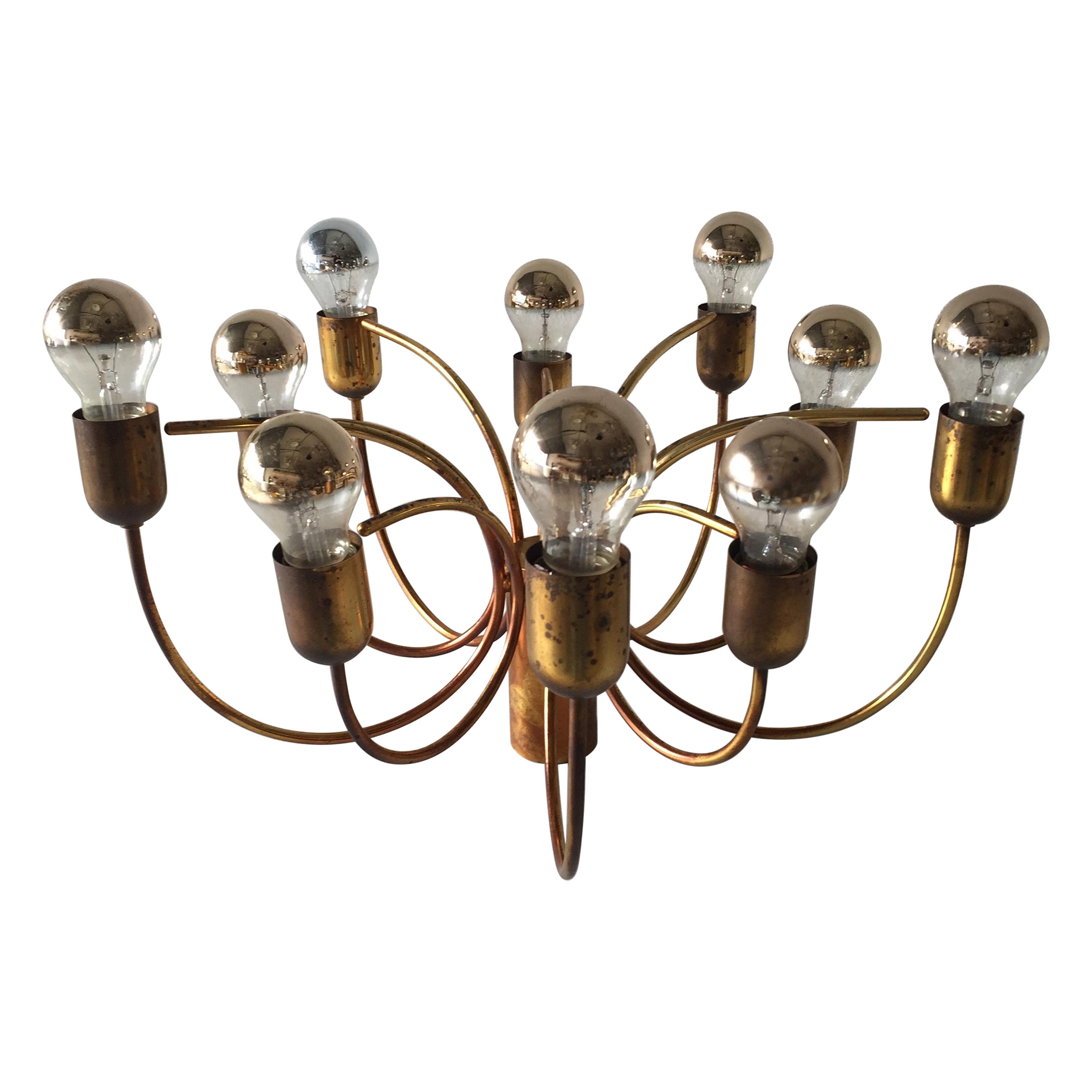 Rare 10 Arc Shaped Arms Full Brass Chandelier by Cosack Leuchten, 1970s Germany For Sale
