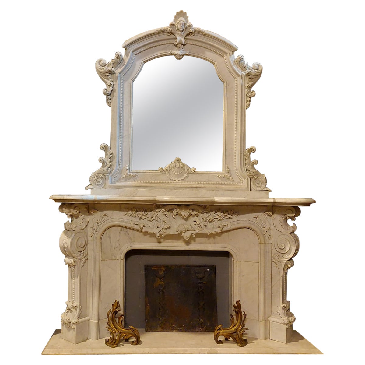 Antique Fireplace White Statuary Marble, Very Rich Sculpture, Complete, 1860