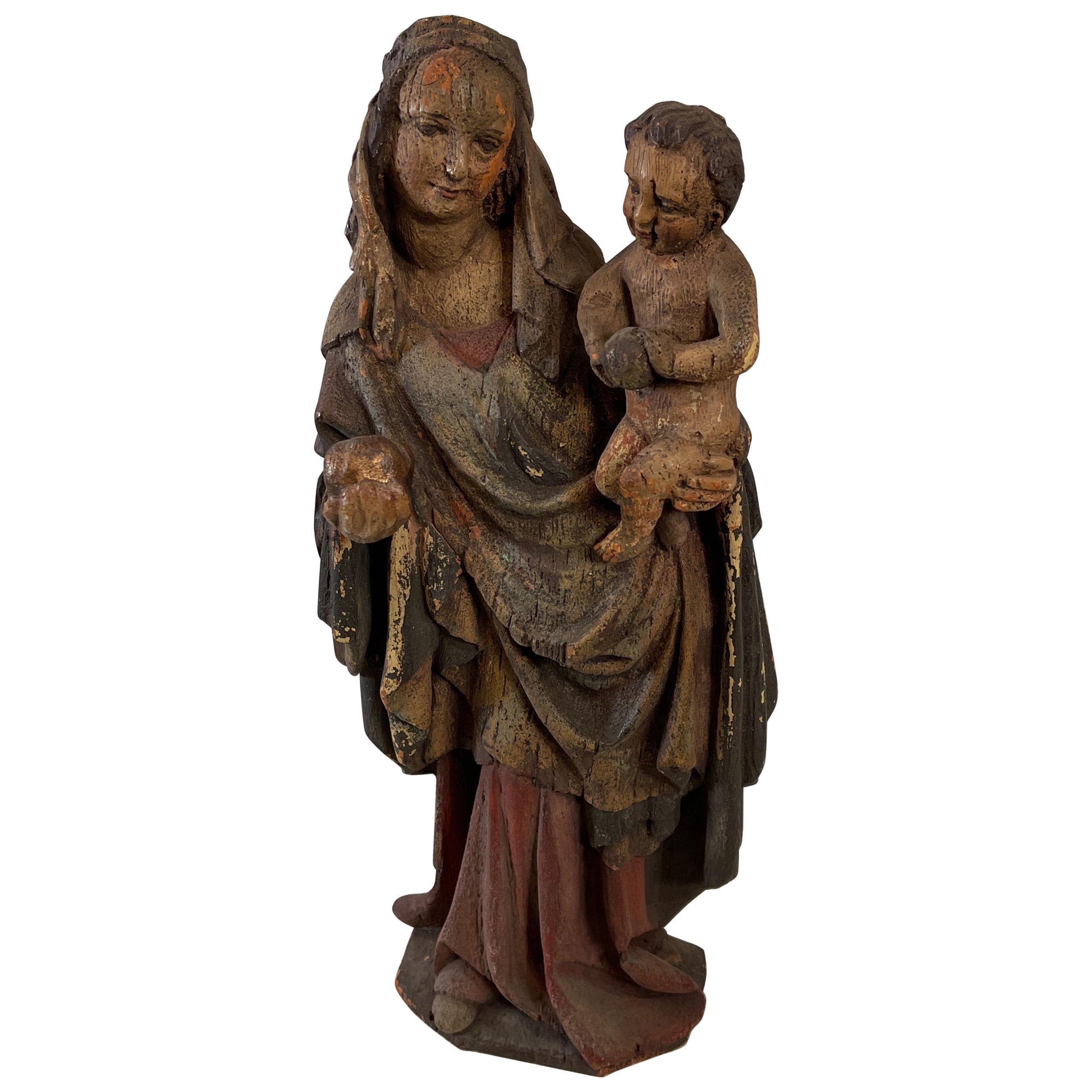 Carved & Painted Figure of a Madonna & Child