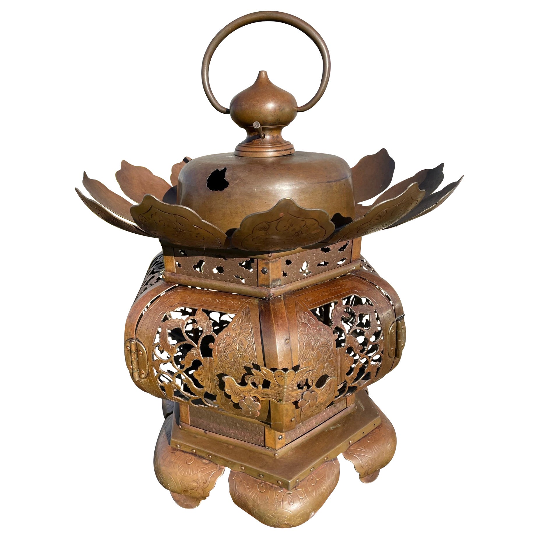 Japanese Huge 1850 Antique Signed "Lotus Flower" Temple Lighting Lantern 