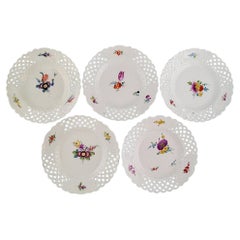Five Antique Meissen Plates in Openwork Porcelain with Hand-Painted Flowers