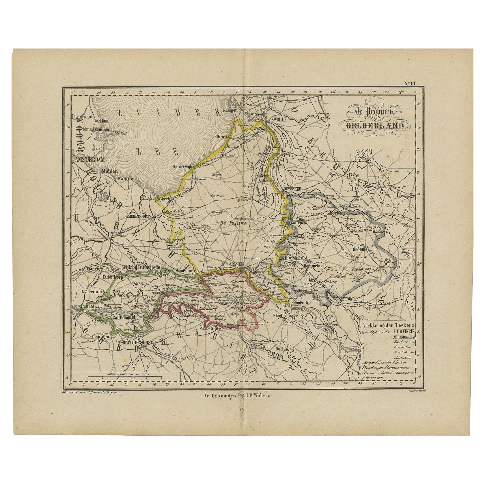 Carte ancienne de Gelderland avec les Veluwe Etc, Pays-Bas, 1864