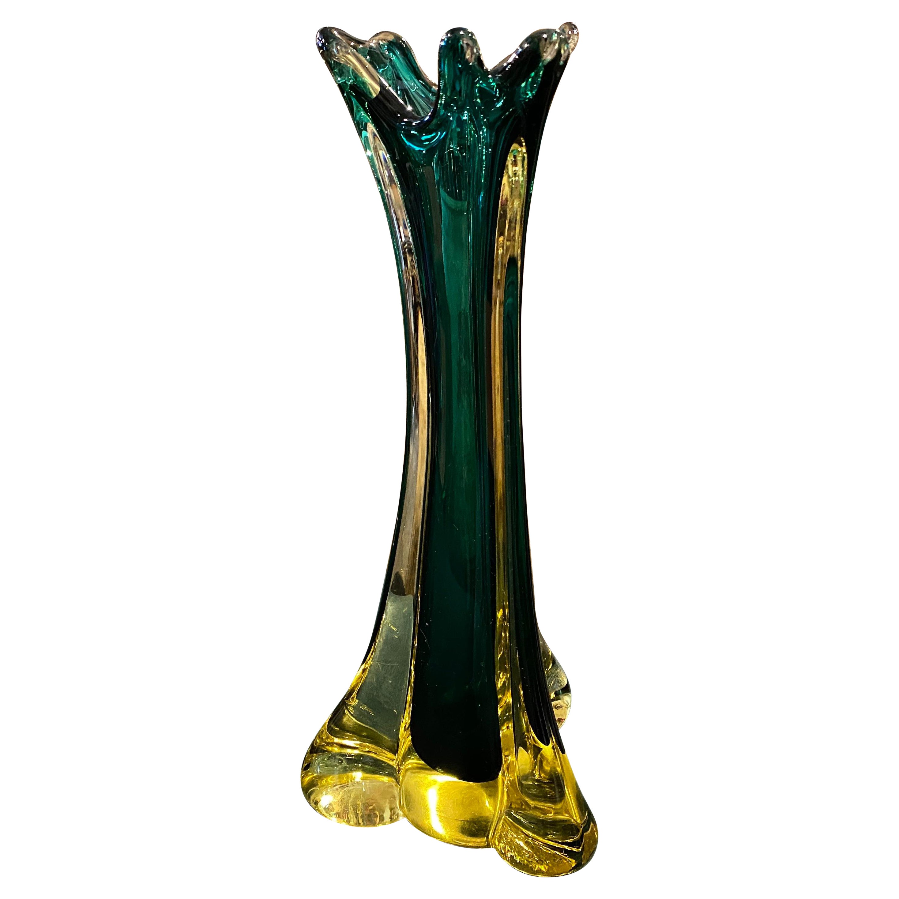 A 1970s Seguso Modernist Green and Yellow Sommerso Murano Glass Vase