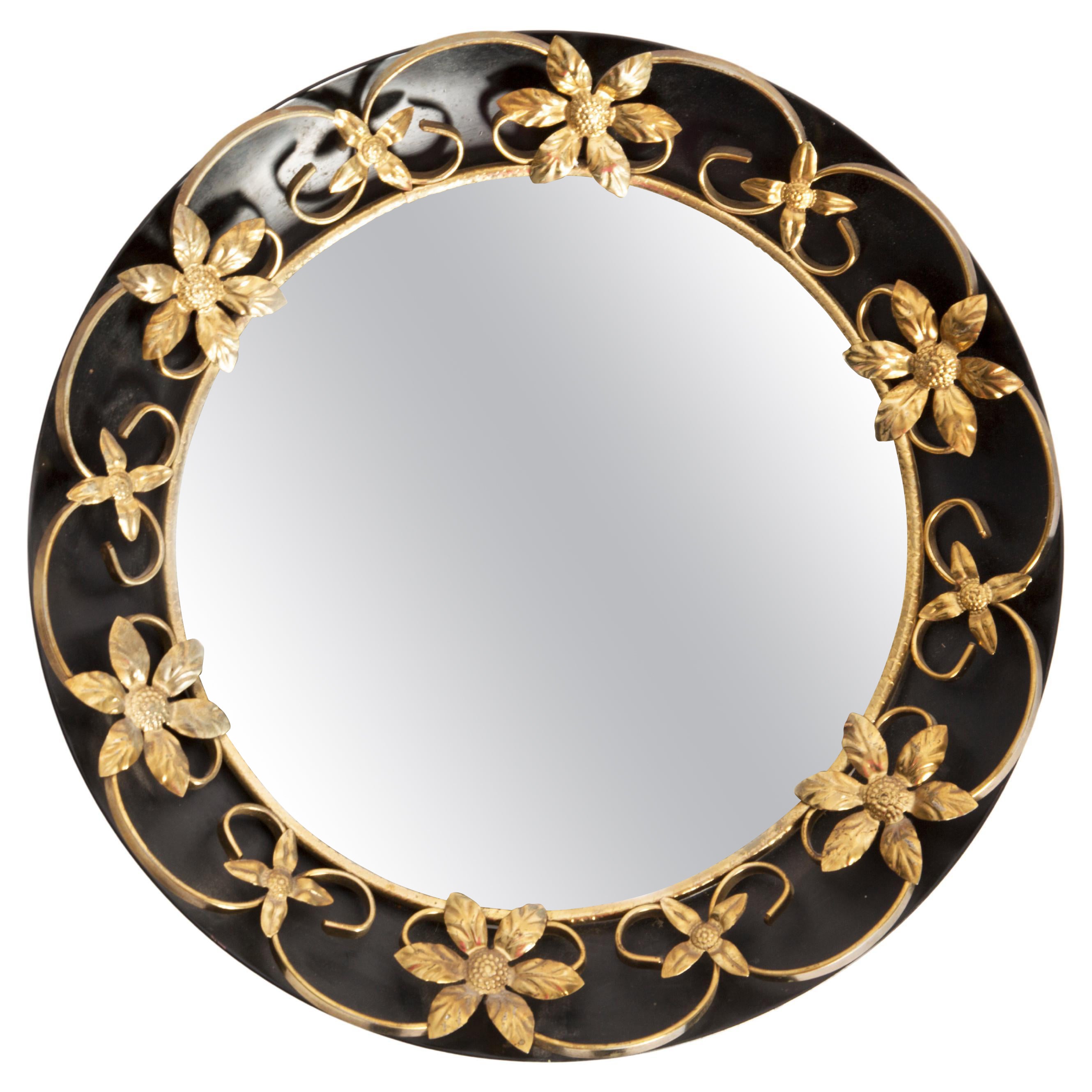 Vintage Oval Gold and Black Decorative Mirror in Flowers Frame, Italy, 1960s For Sale