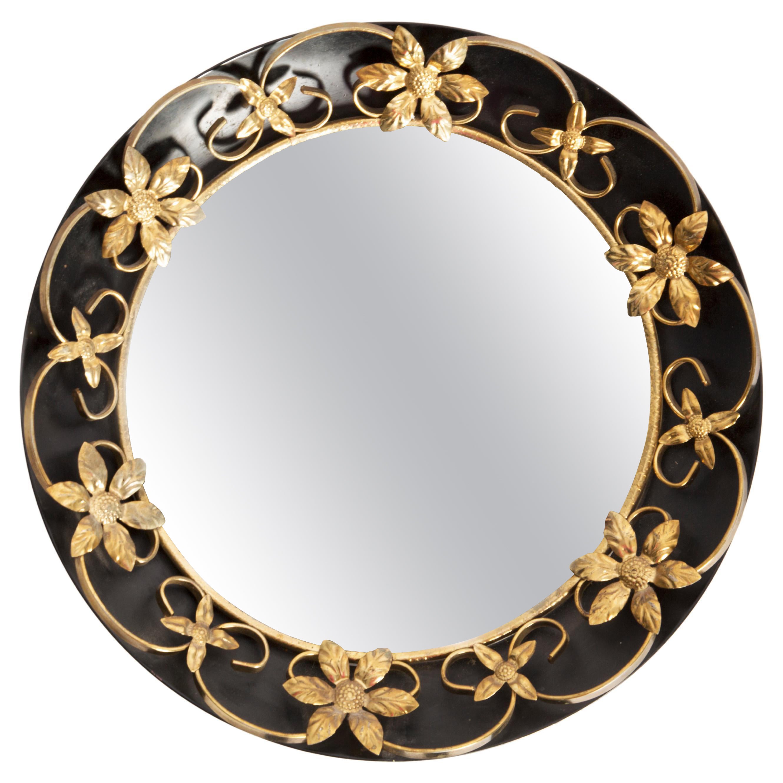 Miroir décoratif ovale vintage or et noir avec cadre à fleurs, Italie, années 1960