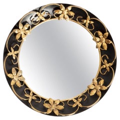 Vintage Oval Gold and Black Decorative Mirror in Flowers Frame, Italy, 1960s