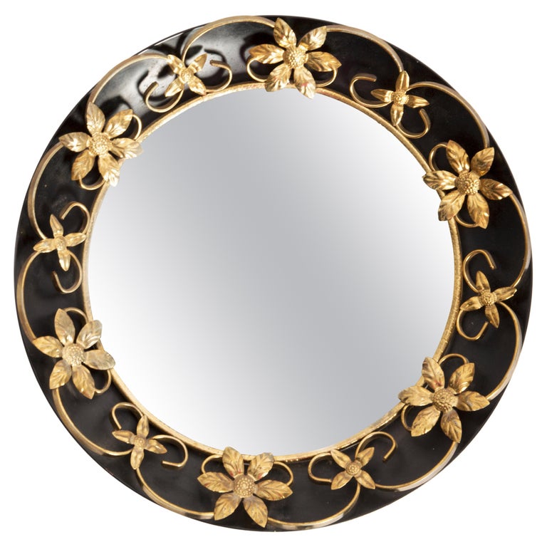 Vintage Oval Gold and Black Decorative Mirror in Flowers Frame, Italy