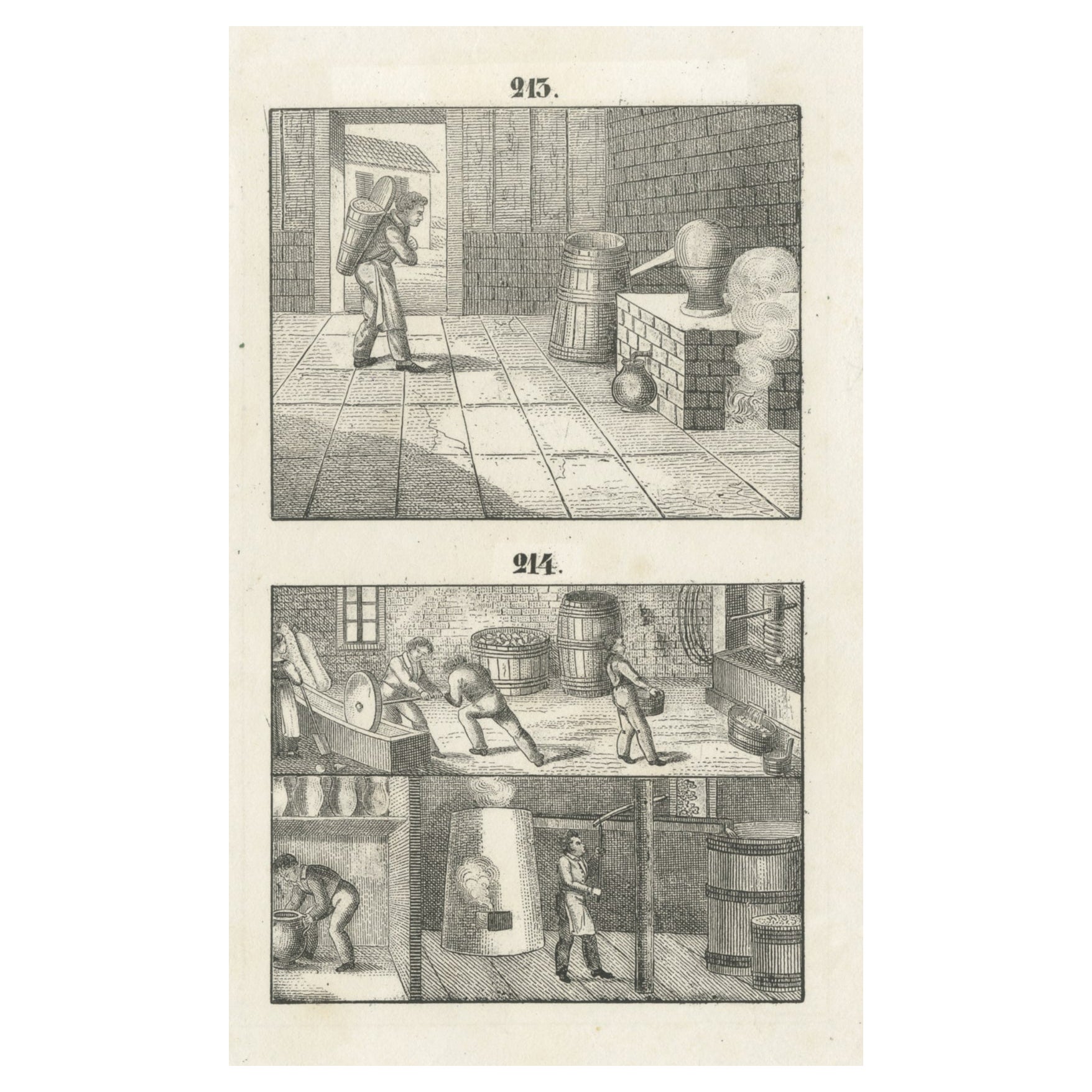 Stampa antica con due immagini di una distilleria di alcolici, 1840 ca.