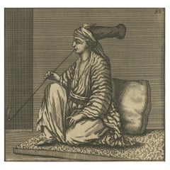 Incisione antica di un arabo seduto su un tappeto che fuma la pipa, 1698