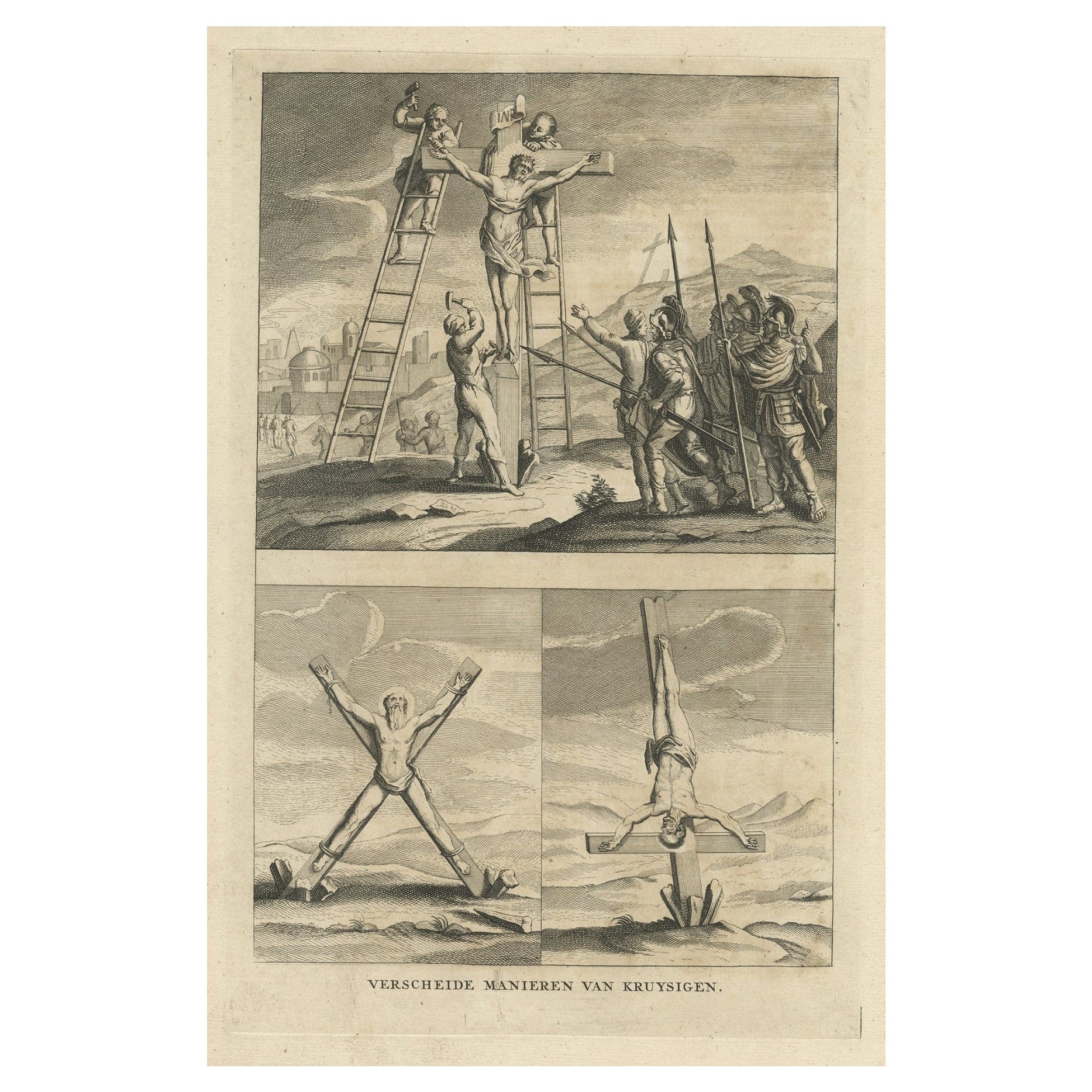 Gravure religieuse ancienne des différentes façons de crucifixion, 1731