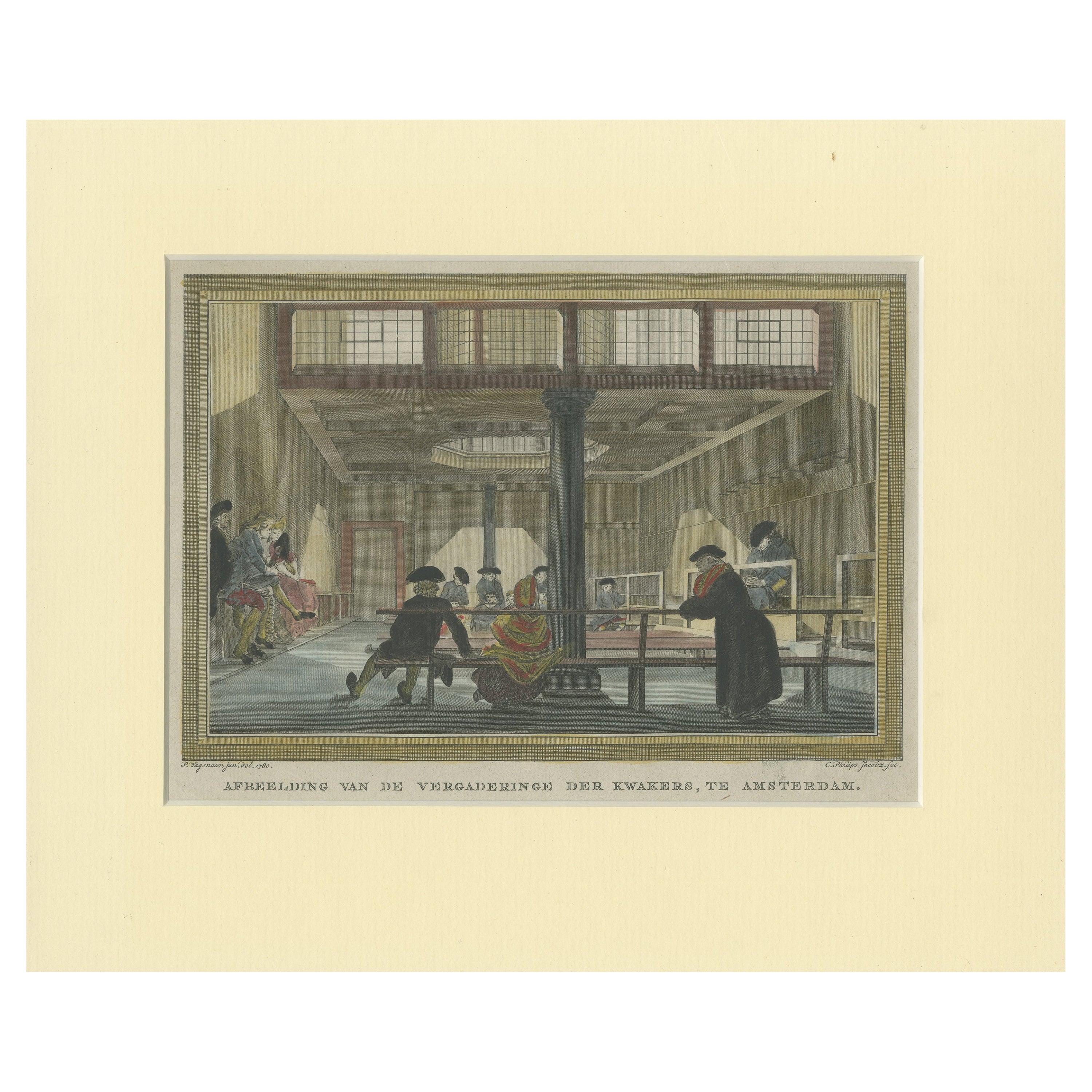 Antique Print of a Group of Quakers Gathering, ca.1790