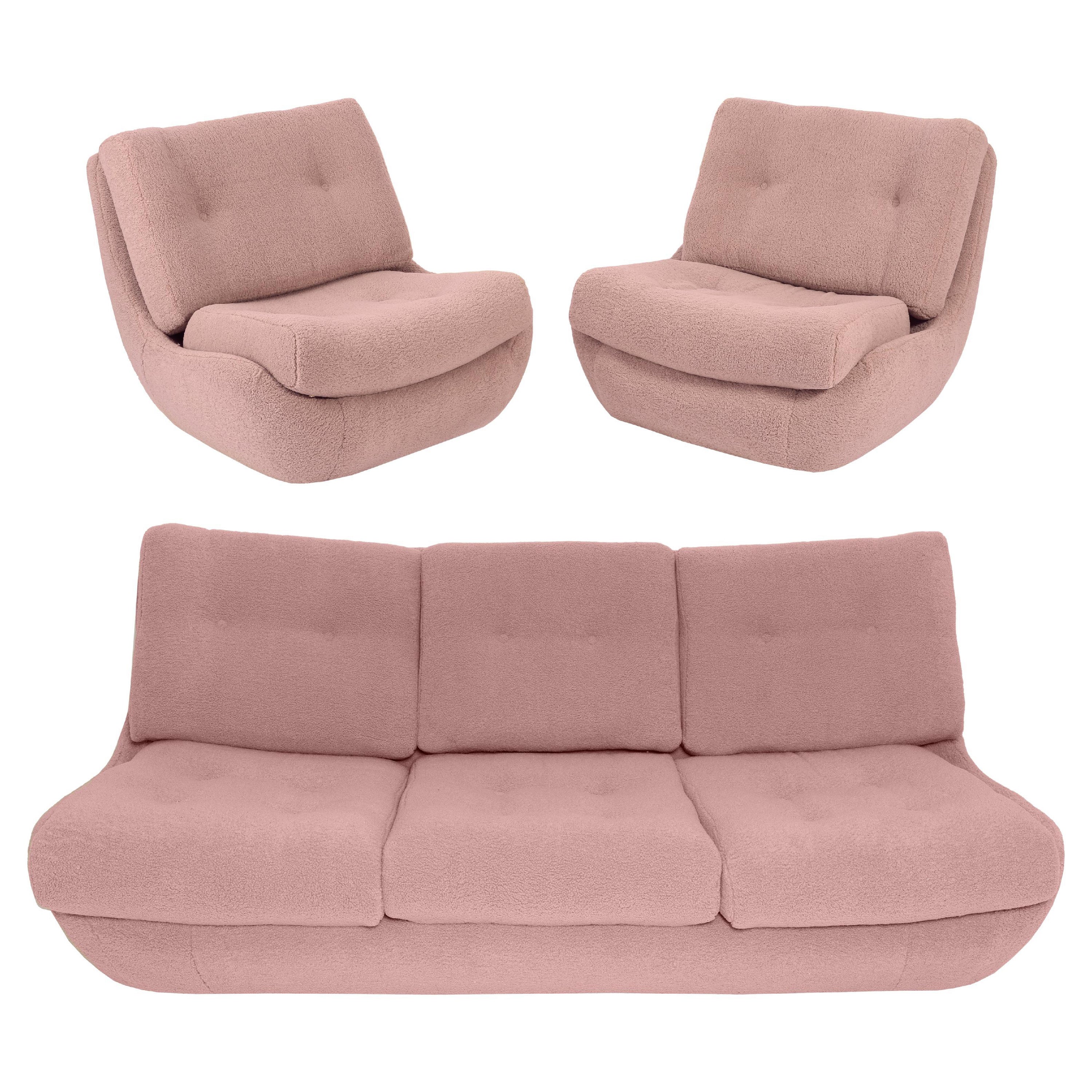 Pink Blush Boucle Atlantis Sofa and Armchairs, Europe, 1960s For Sale