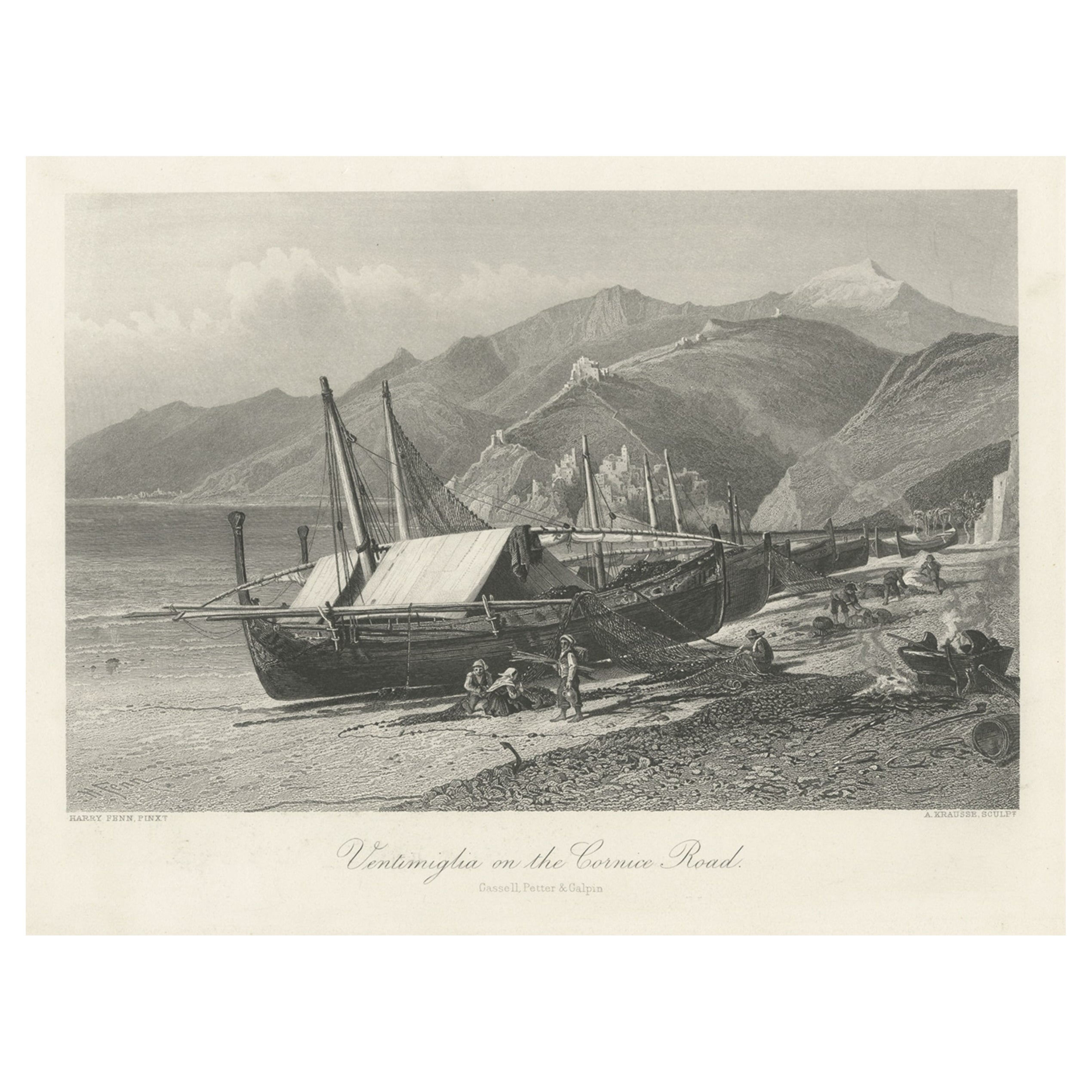 Antique Print Titled 'Ventimiglia on the Cornice Road' in Northern Italy, c.1880