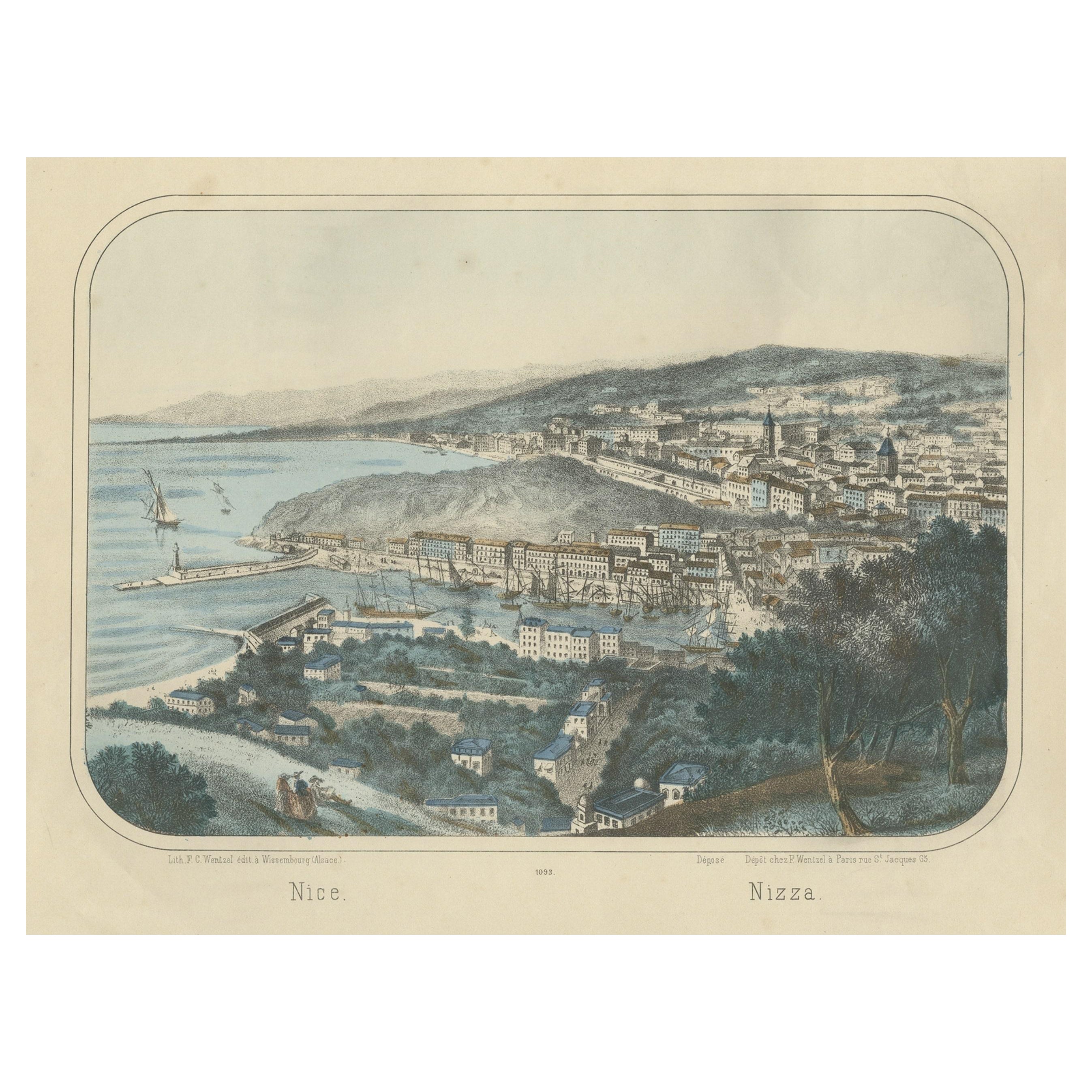 Old Hand-Colored View of the City of Nice in Southern France, ca.1860 For Sale
