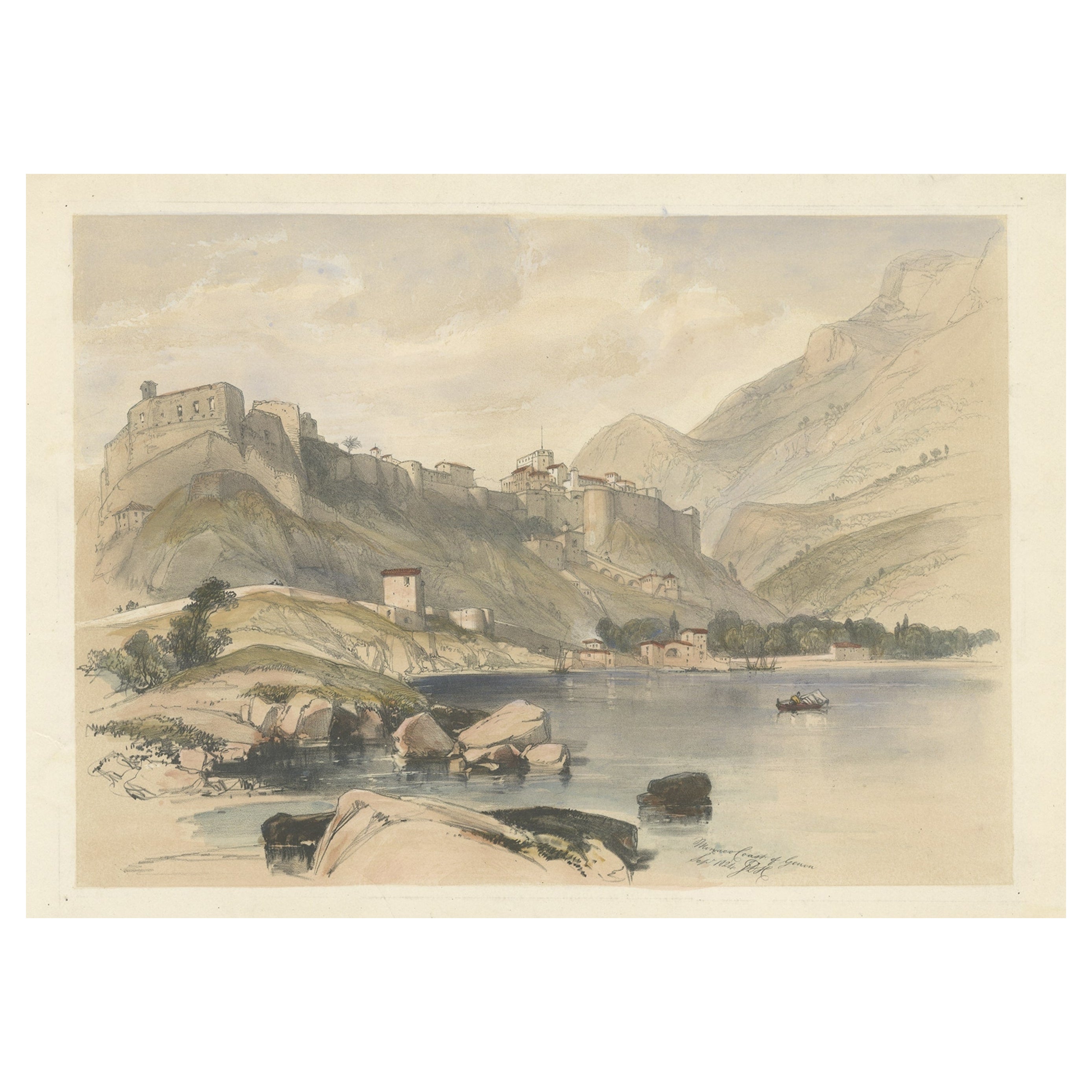 Rare lithographie teintée de la côte de Monaco à Gênes, 1836