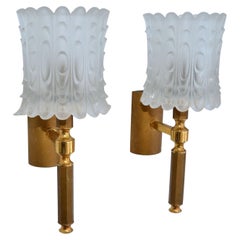 Used Pair of French Art Deco Brass & Frosted Glass Sconces, Wall Lights