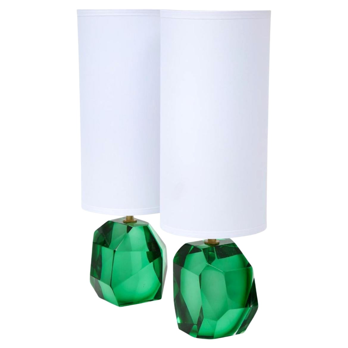 Pair of Faceted Emerald Green Solid Murano Glass Lamps, Signed, Italy