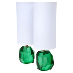 Retro Pair of Faceted Emerald Green Solid Murano Glass Lamps, Signed, Italy