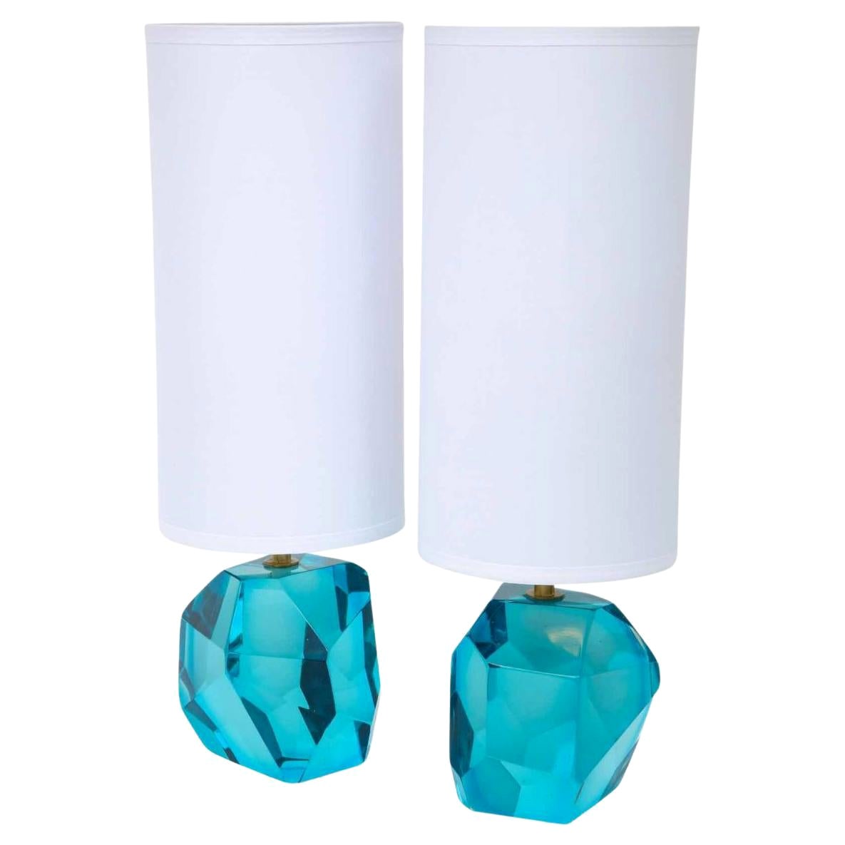 Pair of Diamond Faceted Aquamarine Blue Topaz Murano Glass Lamps, Italy For Sale