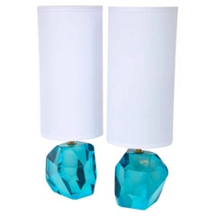 Pair of Diamond Faceted Aquamarine Blue Topaz Murano Glass Lamps, Italy
