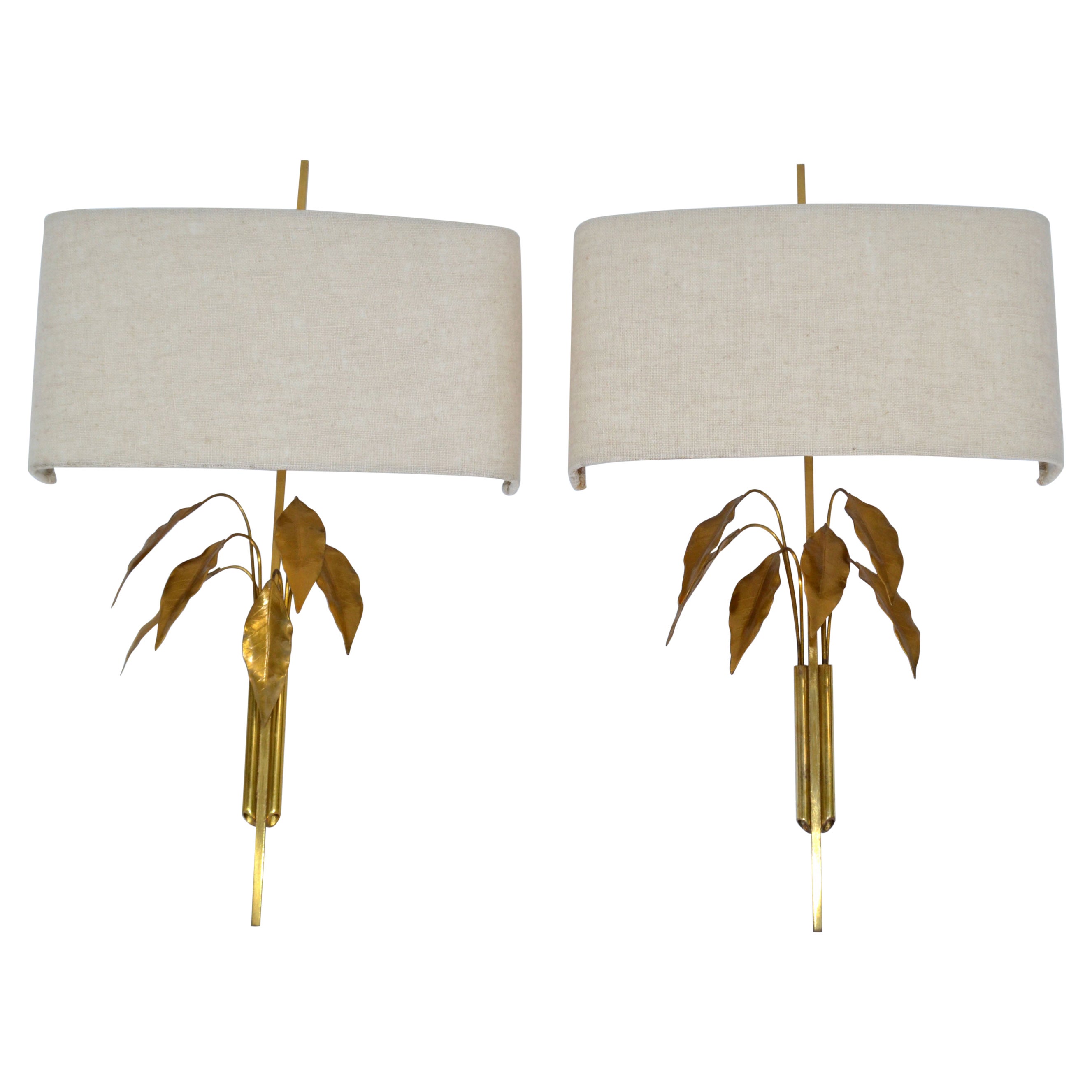 Maison Charles Style Gold Leaf and Brass Tree Leaves Sconces, Wall Lights, Pair