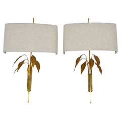 Maison Charles Style Gold Leaf and Brass Tree Leaves Sconces, Wall Lights, Pair