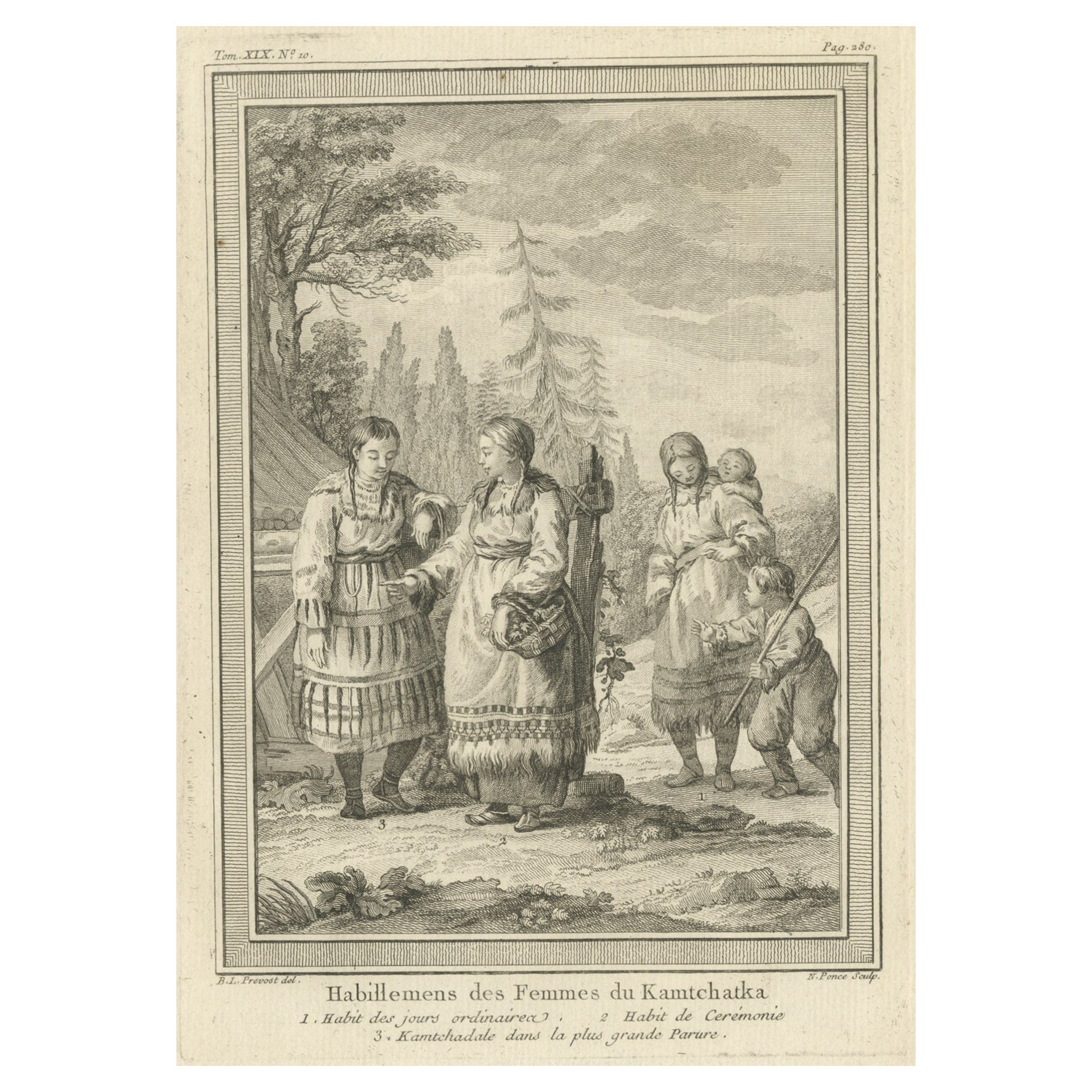 Gravure en cuivre de femmes cambodgiennes de Kamchatka, Russie, 1770
