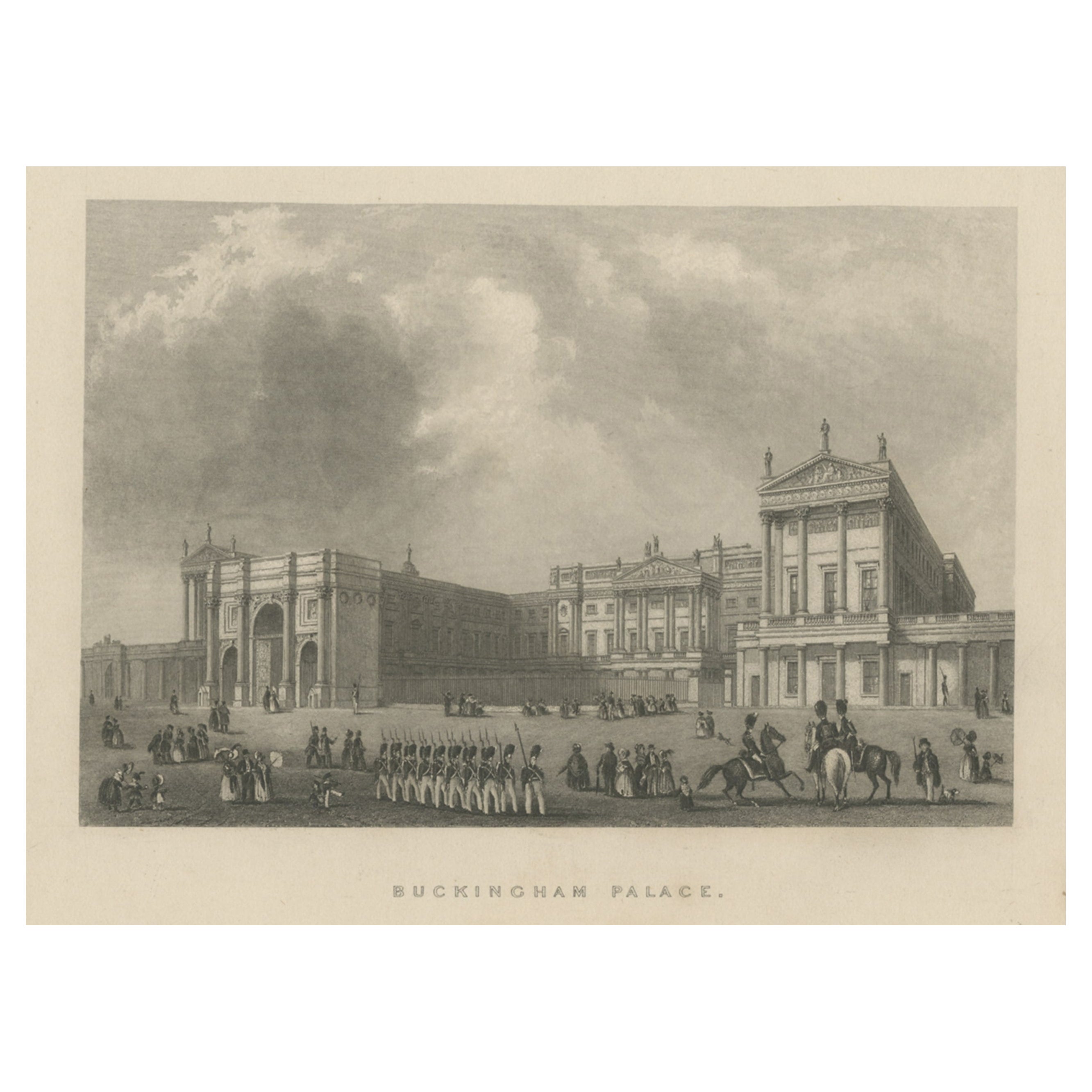 Antique Steel Engraving of Buckingham Palace in London, United Kingdom, ca.1840 For Sale
