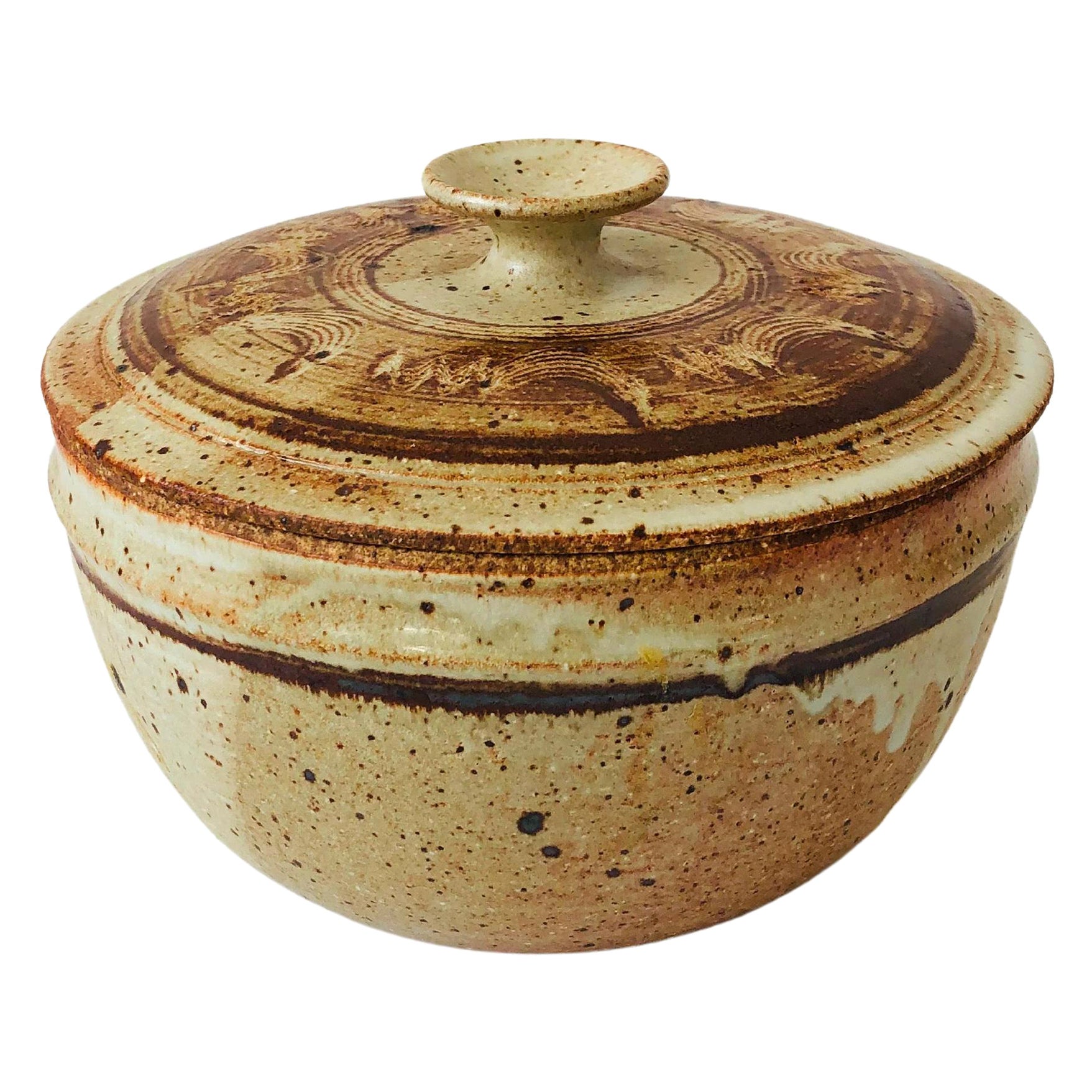 Vintage Terra Cotta Studio Pottery Lidded Serving Bowl For Sale